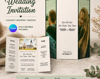 Plantilla minimalista de invitación de boda desplegable con foto. Elegante invitación de boda tríptico editable en Canva. Tarjeta con detalles de la boda.