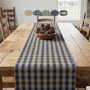 Navy Blue & Tan Plaid Table Runner: Country Rustic Decor, Placemats and Napkins