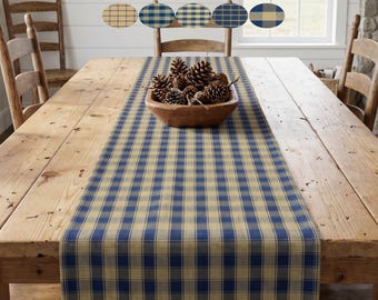 Navy Blue & Tan Plaid Table Runner: Country Rustic Decor, Placemats and Napkins