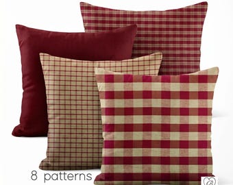 Red & Tan Plaid Pillow Cover: Rustic Farmhouse Decor, Homespun Cotton