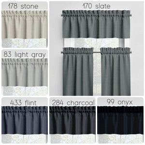 Solid Black Gray Valances Tiers Panels Cafe Curtains Flint Slate Charcoal USA Handmade Kitchen Bathroom Bedroom Cotton Window Treatments