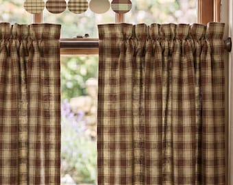Brown & Tan Plaid Curtains: Rustic Farmhouse Window Tiers