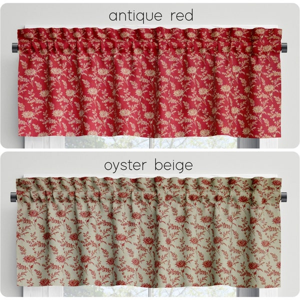 Floral Valances Tiers Panels Curtains Bonheur de Jour French Country Antique Red Beige USA Handmade Kitchen Bathroom Bedroom