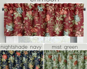 Floral Valances Tiers Panels Curtains French Country Flowers Botanical Farmhouse Kitchen Bathroom USA Handmade Red Green Navy