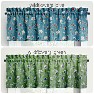 Floral Valances Cafe Curtains Wildflowers Blue and Green Kitchen Bathroom Laundry Room USA Handmade Spring Summer Decor