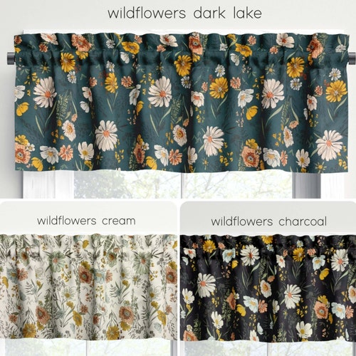 Woodland Wildflowers Valances Curtains Rustic Country Flowers Leaves Botanical Farmhouse Kitchen Bathroom Blue Cream Black