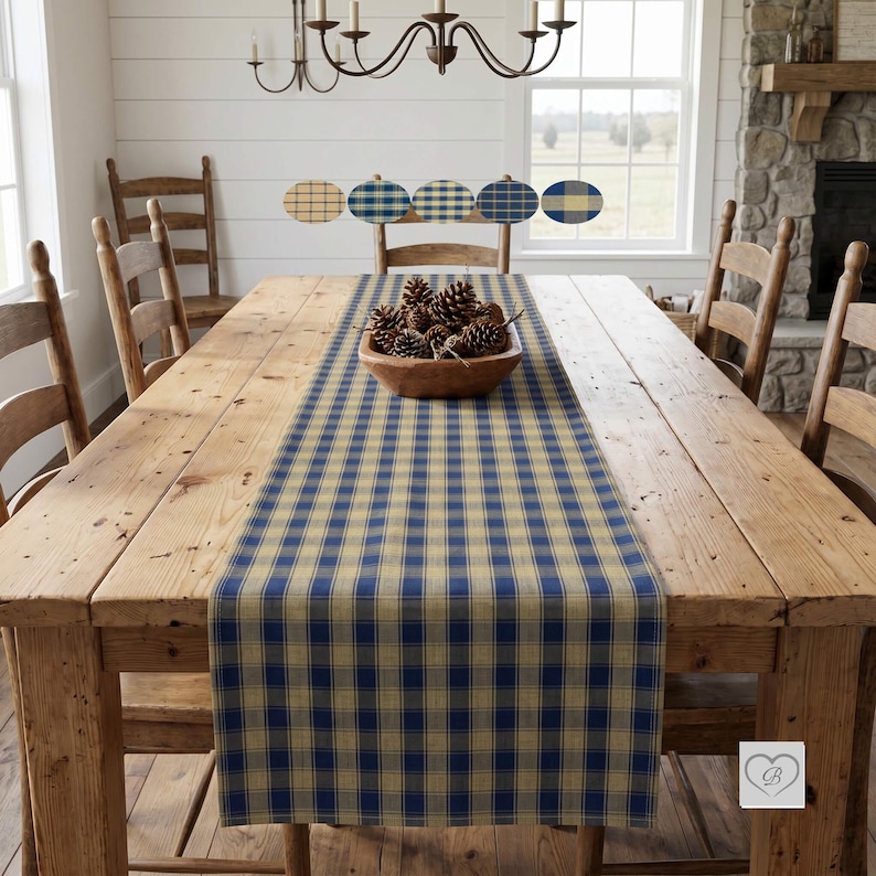 Rustic plaid homespun cotton table runner on a farmhouse dining table, featuring a country style checkered pattern with multiple pattern options.