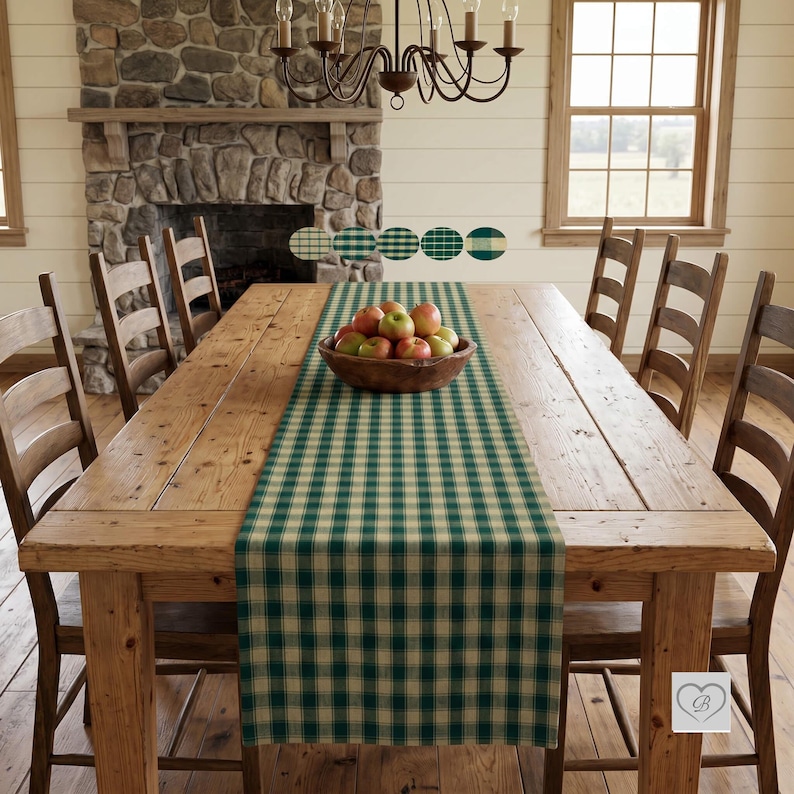 Rustic farmhouse dining table styled with a green and cream checkered table runner and a centerpiece bowl of apples. Features five inset circular fabric swatches displaying alternative country plaid design variations.