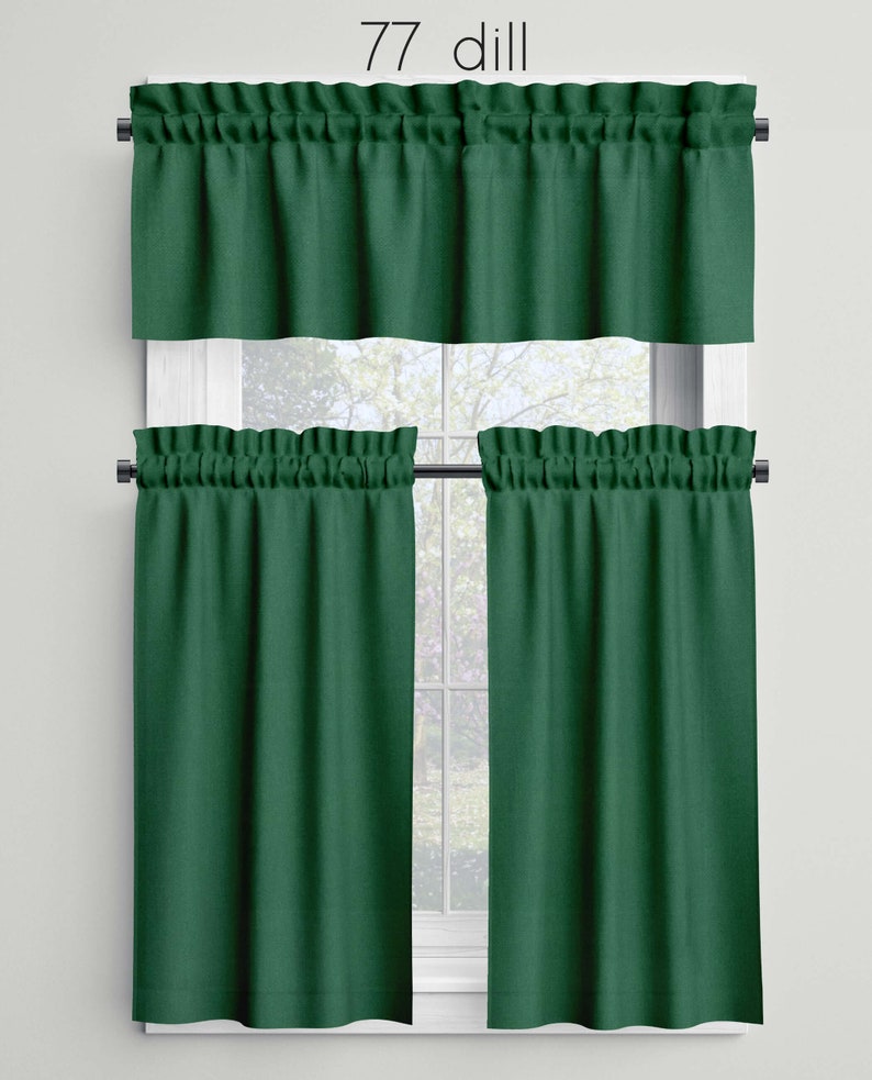 Green Cafe Curtains Valances Tiers Panels, Kitchen Bathroom Bedroom Cotton Rod Pocket Window Treatments, Made in USA Pine Hunter Custom 77 dill