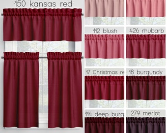 Red Cafe Curtains Valances Tiers Panels, Kitchen Bathroom Bedroom Cotton Rod Pocket Window Treatments, Made in USA Pink Dark Burgundy Custom