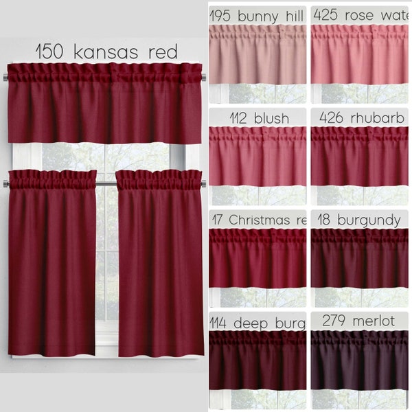 Red Cafe Curtains Valances Tiers Panels, Kitchen Bathroom Bedroom Cotton Rod Pocket Window Treatments, Made in USA Pink Dark Burgundy Custom