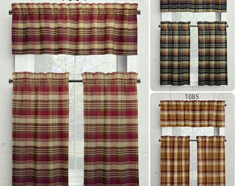 Multi-Plaid Valances Tiers Cafe Kitchen Curtains Homespun Plaid USA Handmade Rustic Cabin Country Farmhouse Window Treatments