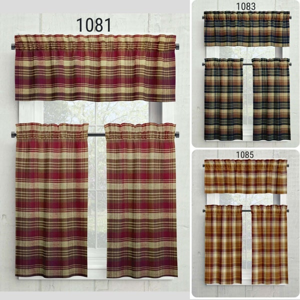 Multi-Plaid Valances Tiers Cafe Kitchen Curtains Homespun Plaid USA Handmade Rustic Cabin Country Farmhouse Window Treatments