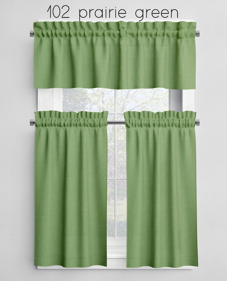 Green Cafe Curtains Valances Tiers Panels, Kitchen Bathroom Bedroom Cotton Rod Pocket Window Treatments, Made in USA Pine Hunter Custom 102 prairie green