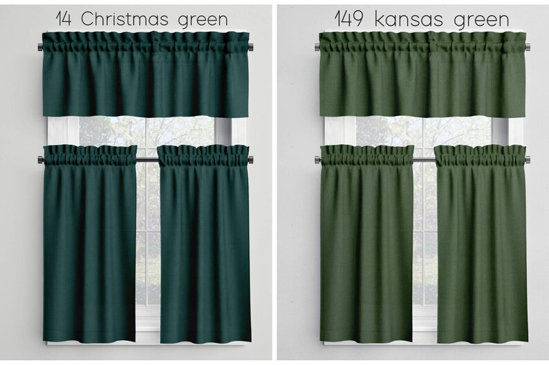 Green Cafe Curtains Valances Tiers Panels, Kitchen Bathroom Bedroom Cotton Rod Pocket Window Treatments, Made in USA Pine Hunter Custom image 8