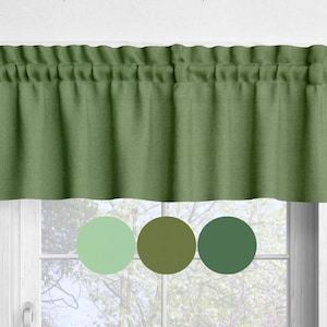 May include: A sage green valance with a gathered top, hanging above a window. Three color swatches below the valance show shades of green, from light to dark. The fabric appears to be a textured linen or similar material.