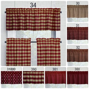 Red Tan Valances Tiers Cafe Kitchen Curtains Plaid Buffalo Check Homespun USA Handmade Rustic Cabin Country Farmhouse Window Treatments