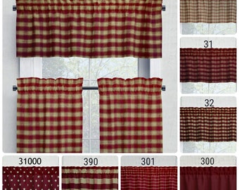 Red Tan Valances Tiers Cafe Kitchen Curtains Plaid Buffalo Check Homespun USA Handmade Rustic Cabin Country Farmhouse Window Treatments