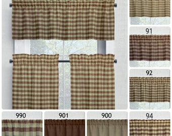 Brown Tan Valances Tiers Cafe Curtains Plaid Buffalo Check Solid Homespun USA Handmade Rustic Cabin Country Farmhouse Window Treatments