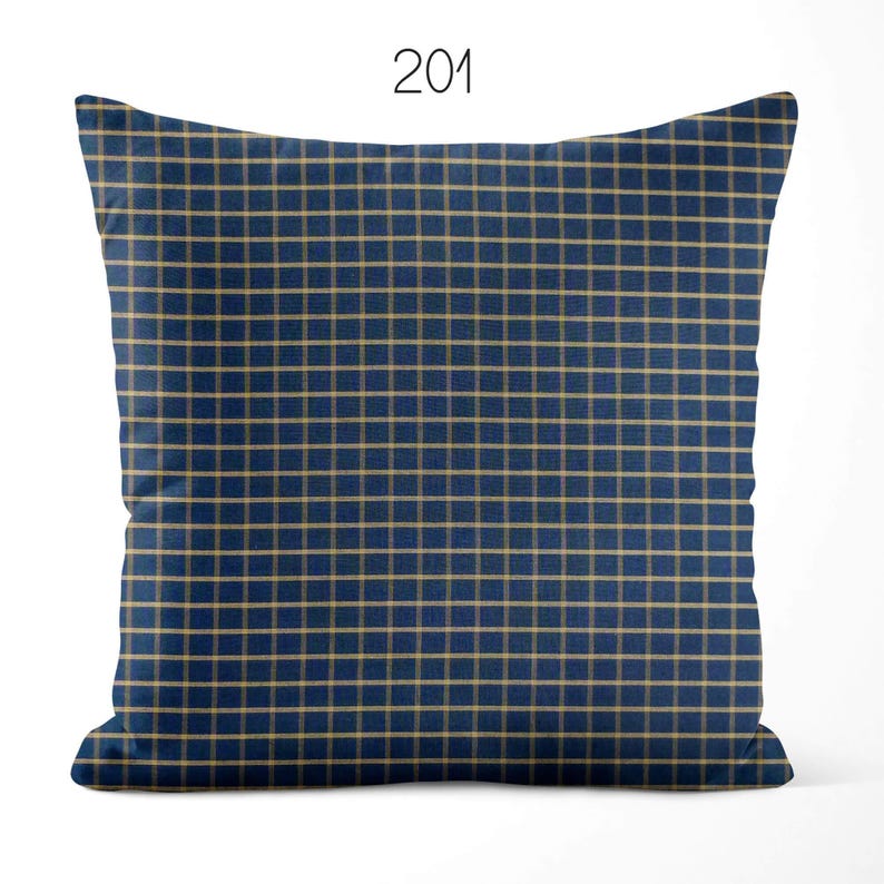 May include: A square throw pillow featuring a dark blue base with a repeating grid pattern of thin, light tan horizontal and vertical lines. The number 201 is printed in black at the top center of the image, positioned above the pillow.