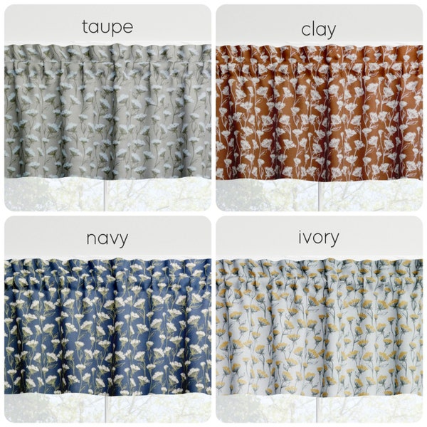 Floral Valances Tiers Panels Cafe Curtains Queen Anne's Lace Flowers Kitchen Bathroom Laundry Room Navy Rust Cream Taupe