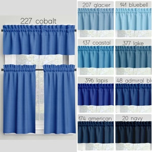 Blue Cafe Curtains Valances Tiers Panels, Kitchen Bathroom Bedroom Cotton Rod Pocket Window Treatments, Made in USA  Custom Sizes Swatches