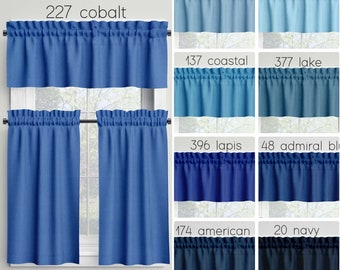 Blue Cafe Curtains Valances Tiers Panels, Kitchen Bathroom Bedroom Cotton Rod Pocket Window Treatments, Made in USA  Custom Sizes Swatches