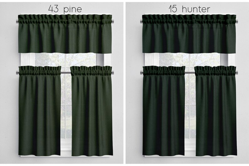 Green Cafe Curtains Valances Tiers Panels, Kitchen Bathroom Bedroom Cotton Rod Pocket Window Treatments, Made in USA Pine Hunter Custom image 9