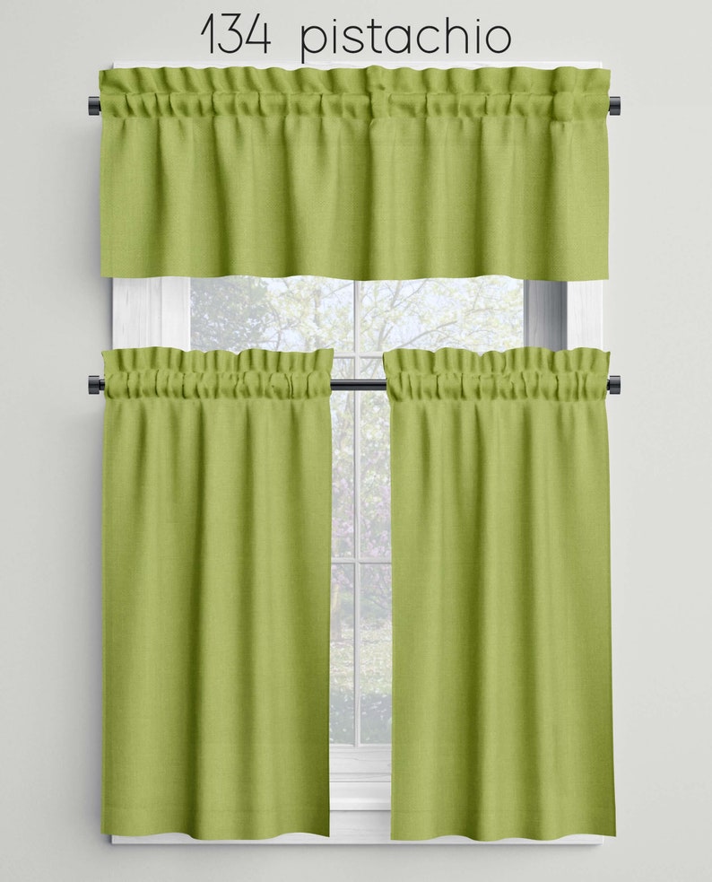 Green Cafe Curtains Valances Tiers Panels, Kitchen Bathroom Bedroom Cotton Rod Pocket Window Treatments, Made in USA Pine Hunter Custom 134 pistachio