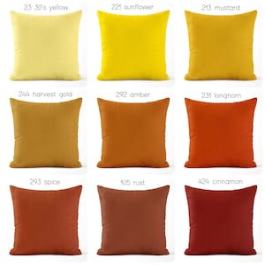 Fall Solid Color Pillow Covers Mustard Gold Pumpkin Rust Orange Yellow Pillows USA Handmade Modern Contemporary Euro Sham Lumbar Square