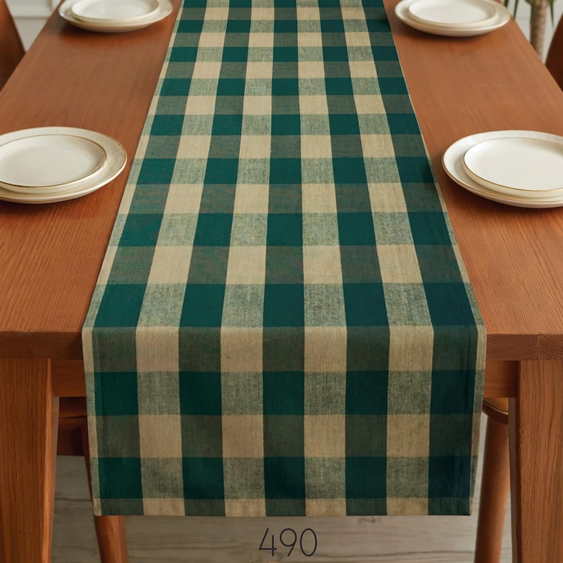 Green & Tan Plaid Table Runner: Farmhouse Style, Placemats and Napkins buffalo check