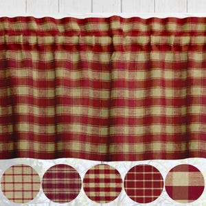 Rustic Farmhouse Valance: Burgundy Red Tan Homespun Plaid Cafe Curtains