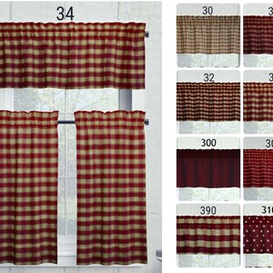Berry Red Mini Check Homespun Valances Tiers Primitive Country Curtains Cabin 