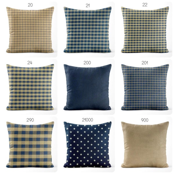 Navy Blue and Tan Homespun Pillow Covers Plaid Buffalo Check Stars Solid Farmhouse Throw Pillows, Euro Sham Pillowcase Square Lumbar