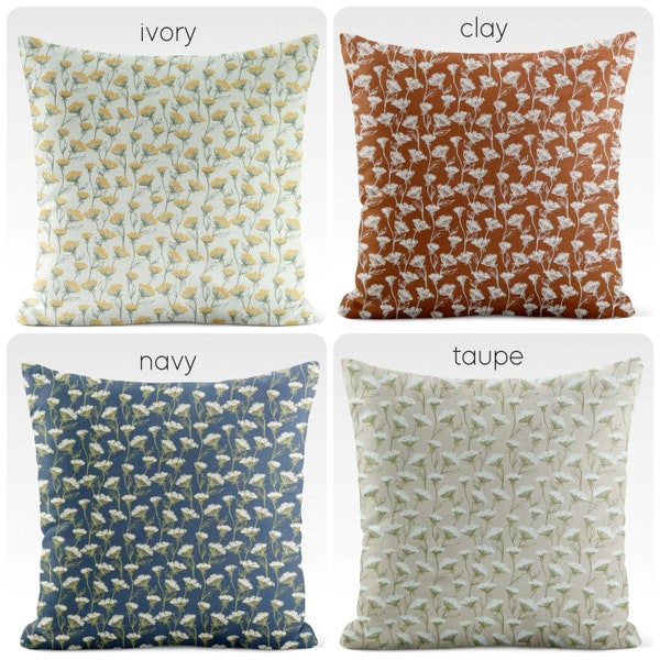 Floral Pillow Cover Queen Annes Lace Flowers Country Farmhouse Decor Square Lumbar 12 14 16 18, 20 Navy Rust Cream Taupe Pillows