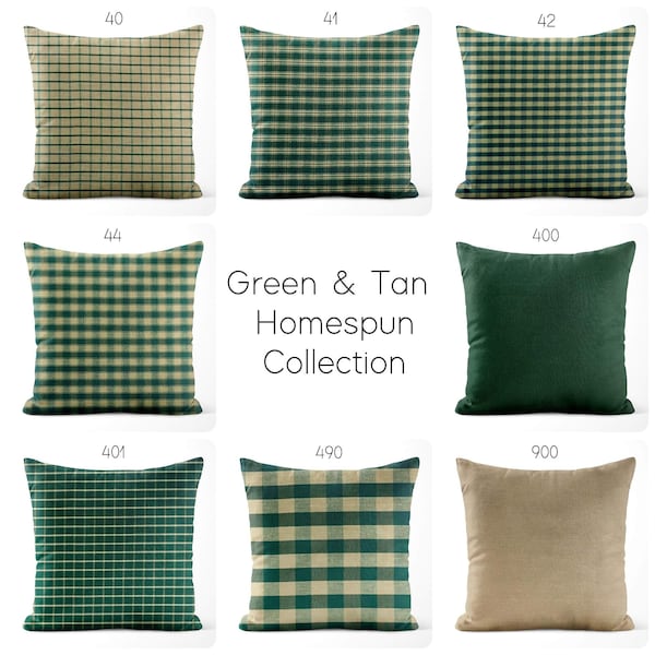 Green Tan Pillow Cover Plaid Check Solid Decorative Rustic Country Farmhouse Homespun Decor Euro Sham Pillowcase Square Lumbar Pillows