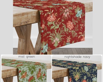 Floral Table Runners  French Country Farmhouse Red Green Navy USA Handmade 24 36 48 54 66 72 inches Custom Sizes