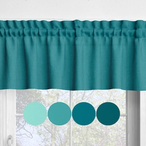 May include: Teal-colored valance curtain with a gathered top, hanging above a window. The fabric has a textured appearance. Four color swatches in shades of teal and turquoise are displayed below the curtain.