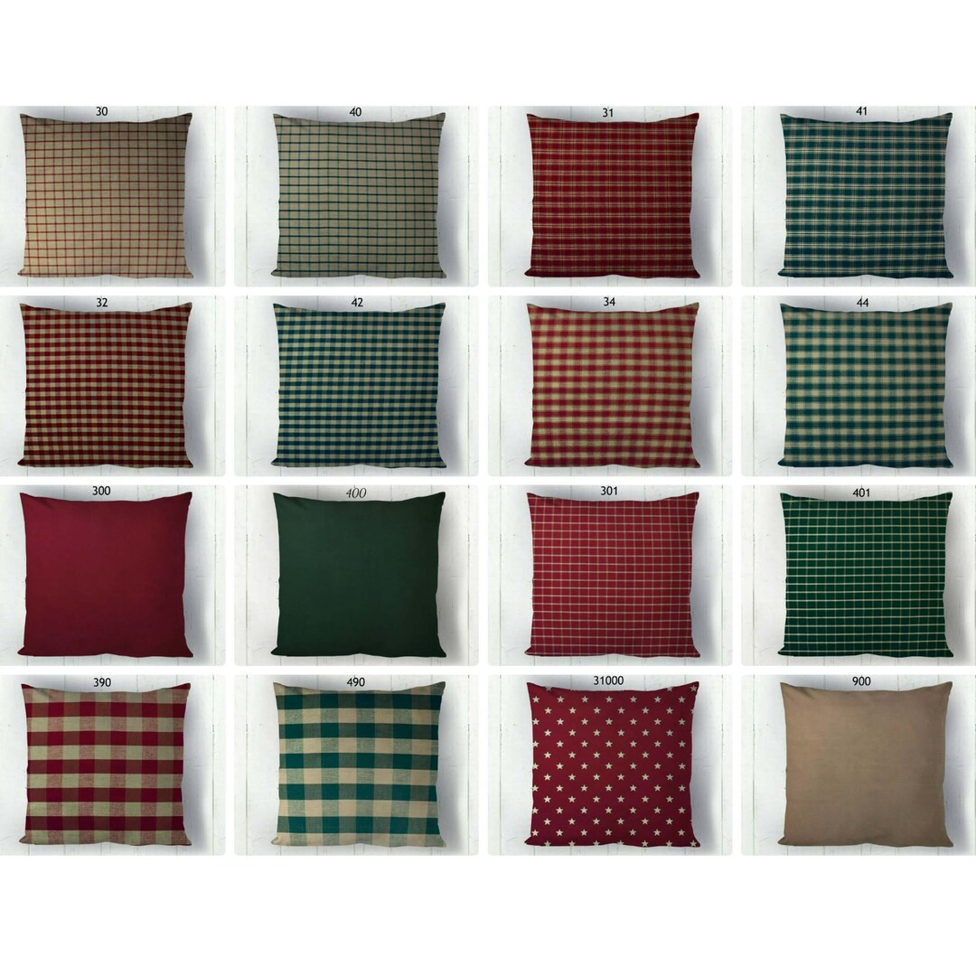 Red and Green Pillow Covers Plaid Check Solid Homespun Farmhouse Rustic