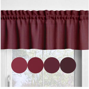 May include: Burgundy valance curtain with a gathered top, hanging above a window. Four color swatches in shades of burgundy are displayed below the curtain, showcasing color options. The window reveals a blurred outdoor scene.
