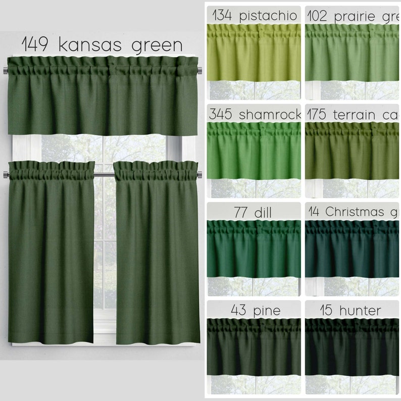 Green Cafe Curtains Valances Tiers Panels, Kitchen Bathroom Bedroom Cotton Rod Pocket Window Treatments, Made in USA Pine Hunter Custom