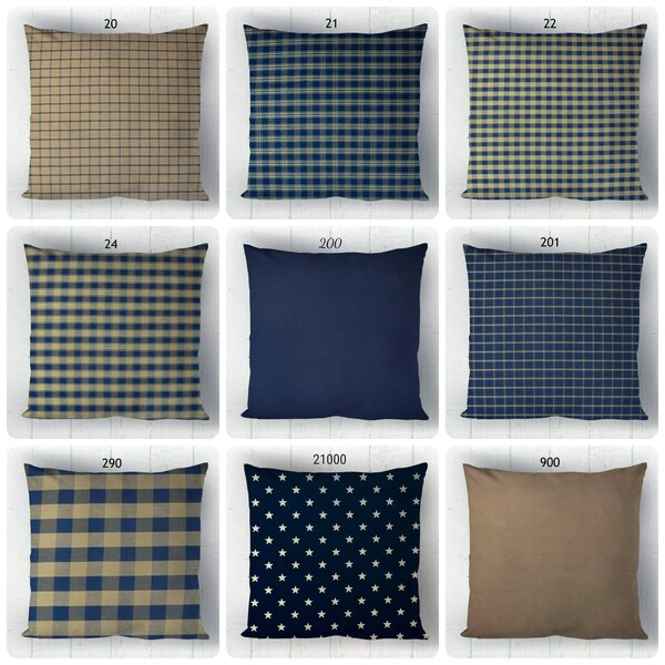 Navy Blue and Tan Homespun Pillow Covers Plaid Buffalo Check Stars Solid Farmhouse Throw Pillows, Euro Sham Pillowcase Square Lumbar