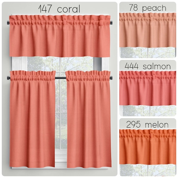 Peach Cafe Curtains Valances Tiers Panels, Kitchen Bathroom Bedroom Cotton Rod Pocket Window Treatments, Made in USA Custom Sizes Swatches