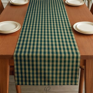 Green & Tan Plaid Table Runner: Farmhouse Style, Placemats and Napkins small check checkered