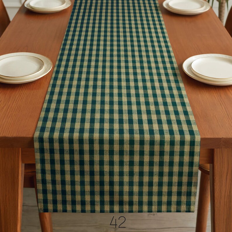 Green & Tan Plaid Table Runner: Farmhouse Style, Placemats and Napkins small check checkered