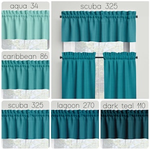 Aqua Teal Curtains Valances Tiers Panels Kitchen Bathroom Bedroom Cotton Rod Pocket Window Treatments, Made in USA  Custom Sizes Swatches