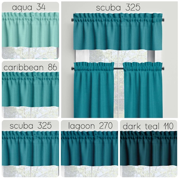 Aqua Teal Curtains Valances Tiers Panels Kitchen Bathroom Bedroom Cotton Rod Pocket Window Treatments, Made in USA  Custom Sizes Swatches