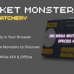 Puede incluir: Gráfico digital para un juego llamado "Pocket Monster Idle Hatchery". La imagen incluye el título del juego, una interfaz de juego y el texto "Juega instantáneamente en tu navegador", "1.025 monstruos únicos para descubrir" y "Gana monedas sin conexión".