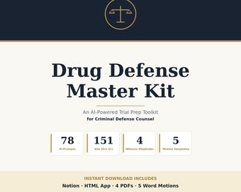 Drug Defense Master Kit | AI Trial Prep for Criminal Defense Lawyers | Notion + HTML | Voir Dire K-9 Lab Daubert | Volume II