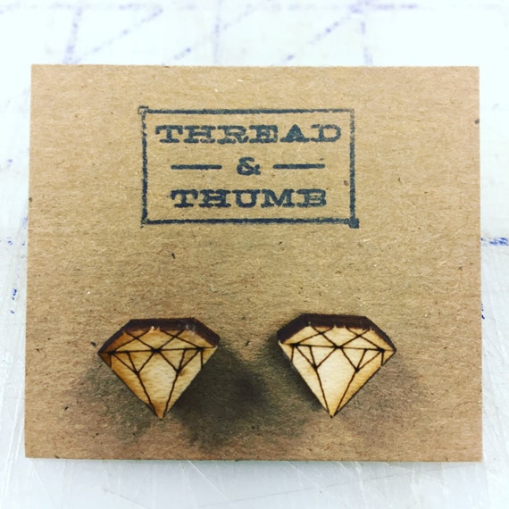 Wood Diamond Stud Earrings Thread Thumb Etsy